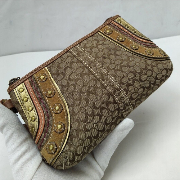 Coach Signature Mini C Brown Canvas Leather Trim Zipper Wristlet - Coin Wallet - Picture 3 of 12